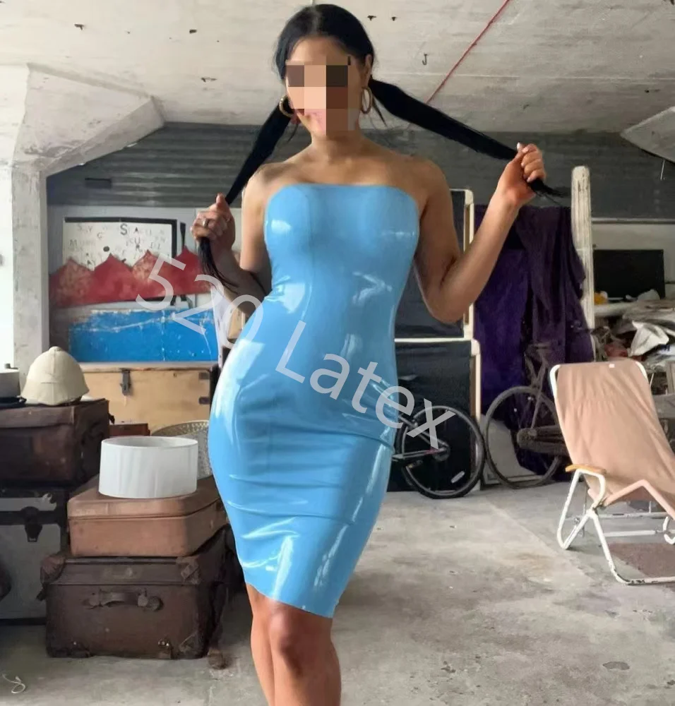 Sky Blue Latex Bodycon Dress Women Strapless Backless Sexy dresses Night Club Mini Latex Short Party Dresses