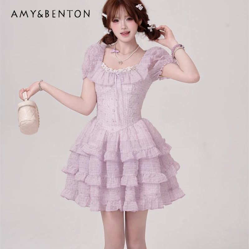 

Korean Original Sweet Purple Fluffy Cake Dress Women's 2025 Summer New High Waist Thin Square Neck Bow Princess Dresses Ladies