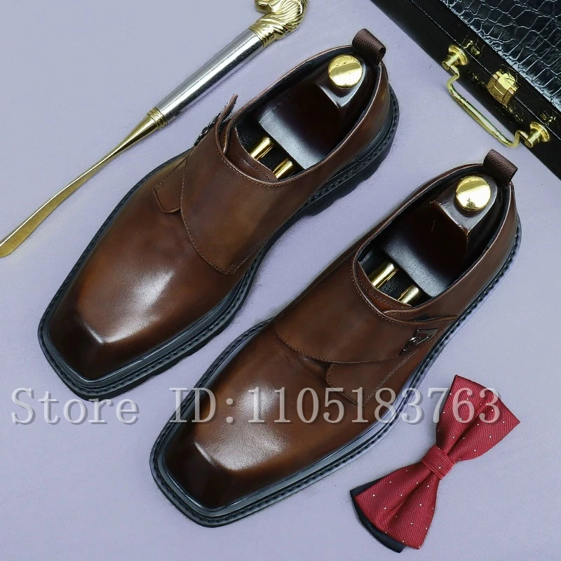 Cowhide Thick Soled Men Business Shoes Square Toe Metal Buckle Genuine Leather Height Increasing Wedding Party Dress Shoes