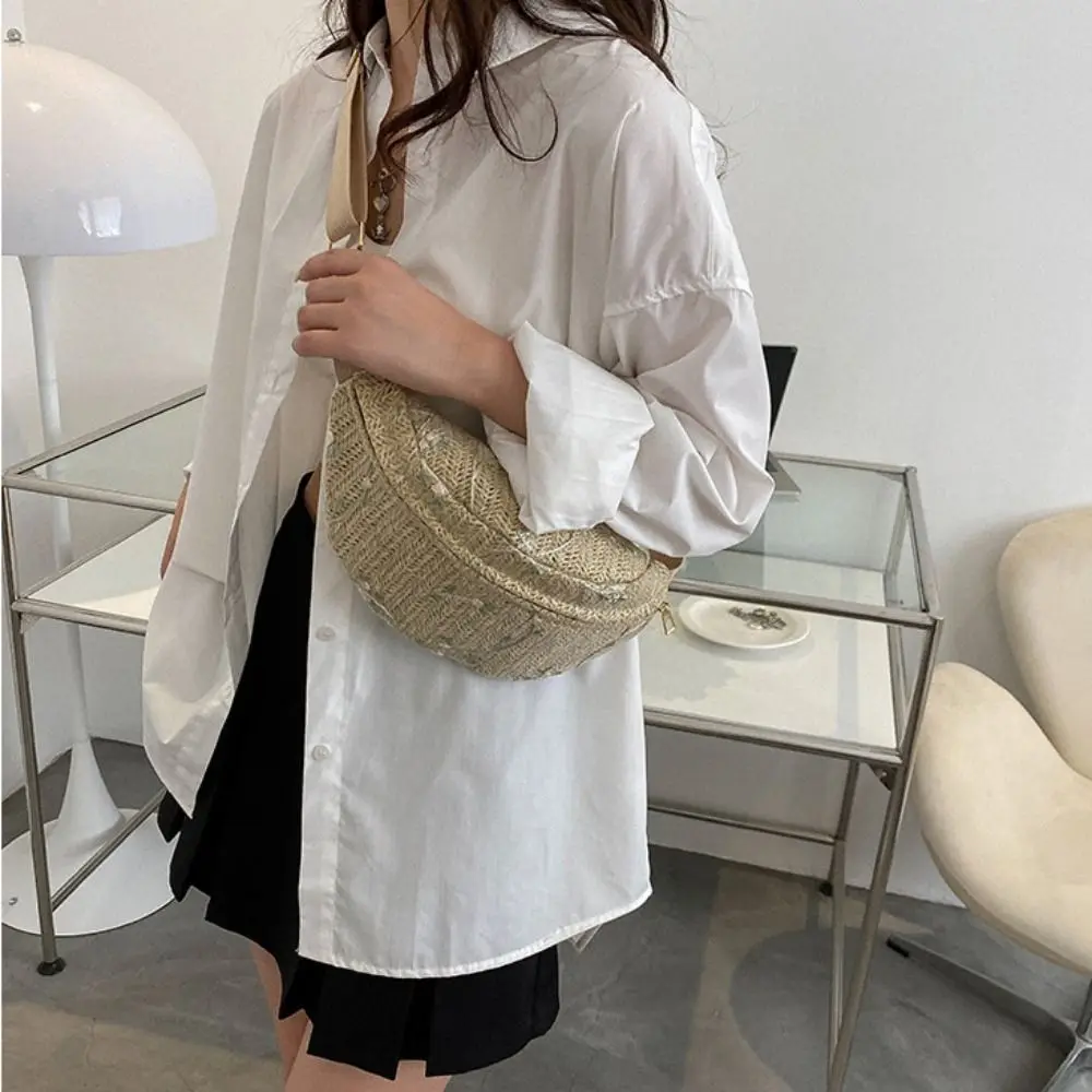 Leaf Straw Woven Ladies Crossbody Bags Lace Mesh Lightweight Women's Waist Bag Trendy Straw Woven Woven Chest Bag Sports