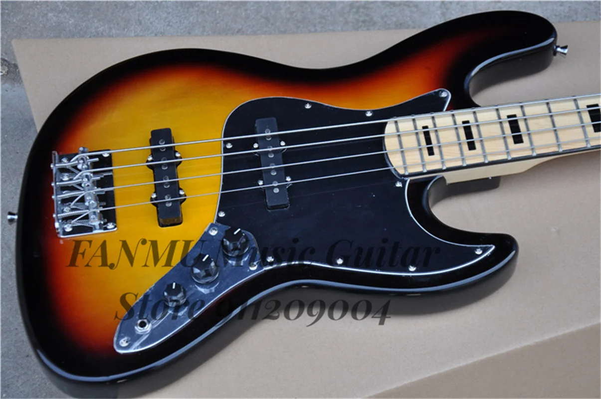 4 Strings Sunburst Bass Guitar Jaz Rosewood Body Maple Fingerboard Black Pickguard  Fixed Bridge Strings Though Body