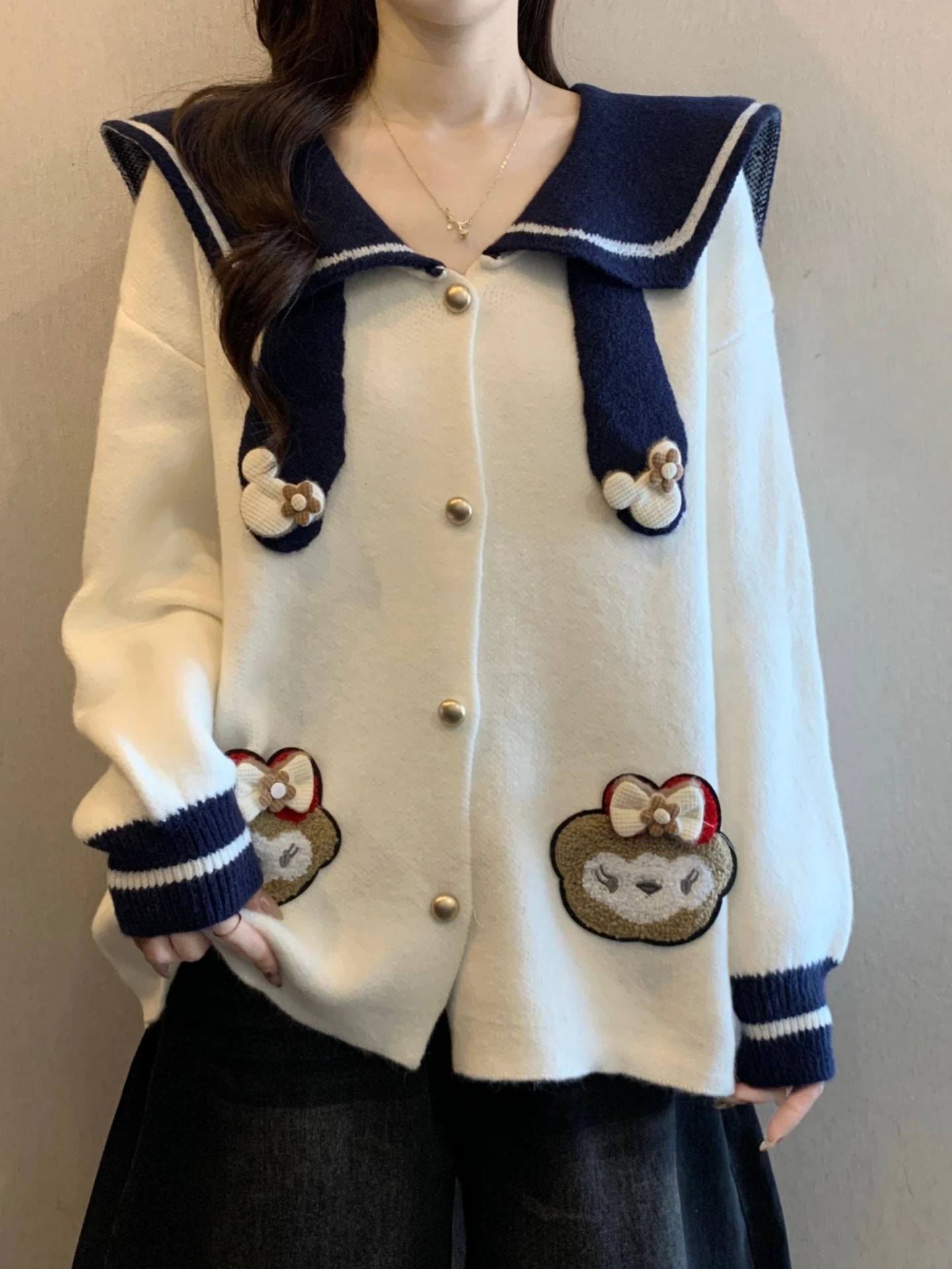 

Preppy Style Knitted Navy Collar Open Cardigan Sweater Women Early Spring plus Size Cute Cartoon Pattern Top Ladies Fashion