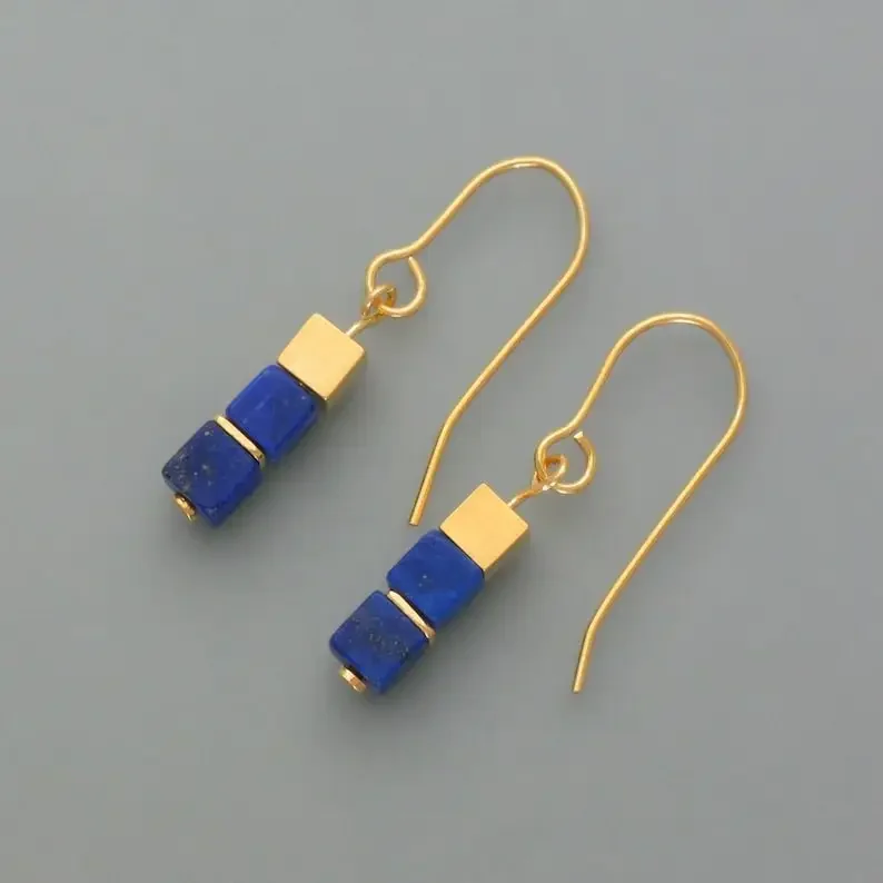 Cube earrings Lapis Lazuli, gilded