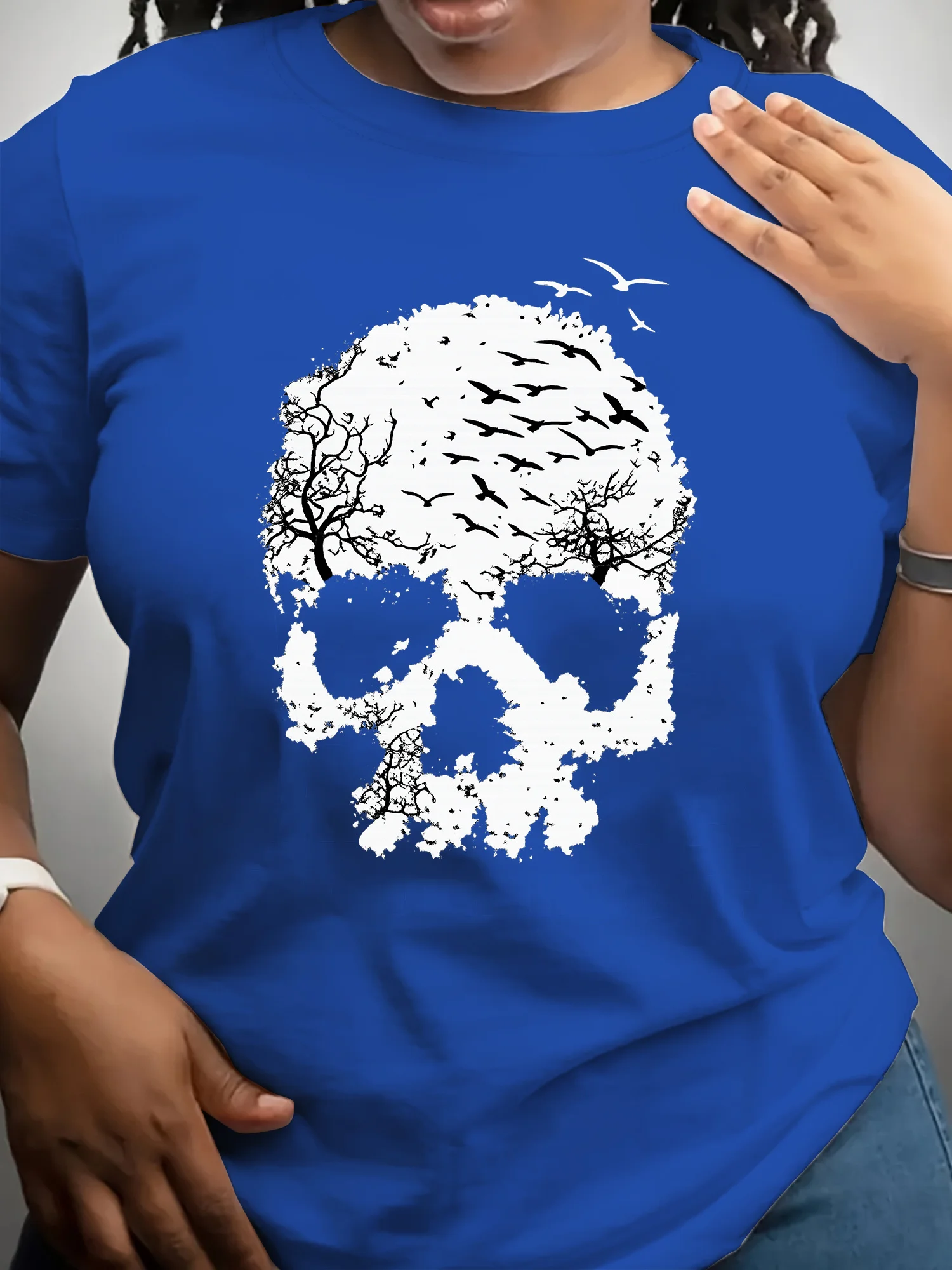 تي شيرت نسائي برسومات جمجمة الهالوين - قميص كاجوال أنيق برقبة دائرية وأكمام قصيرة، قميص بطبعة جمجمة |   قماش قابل للتمدد