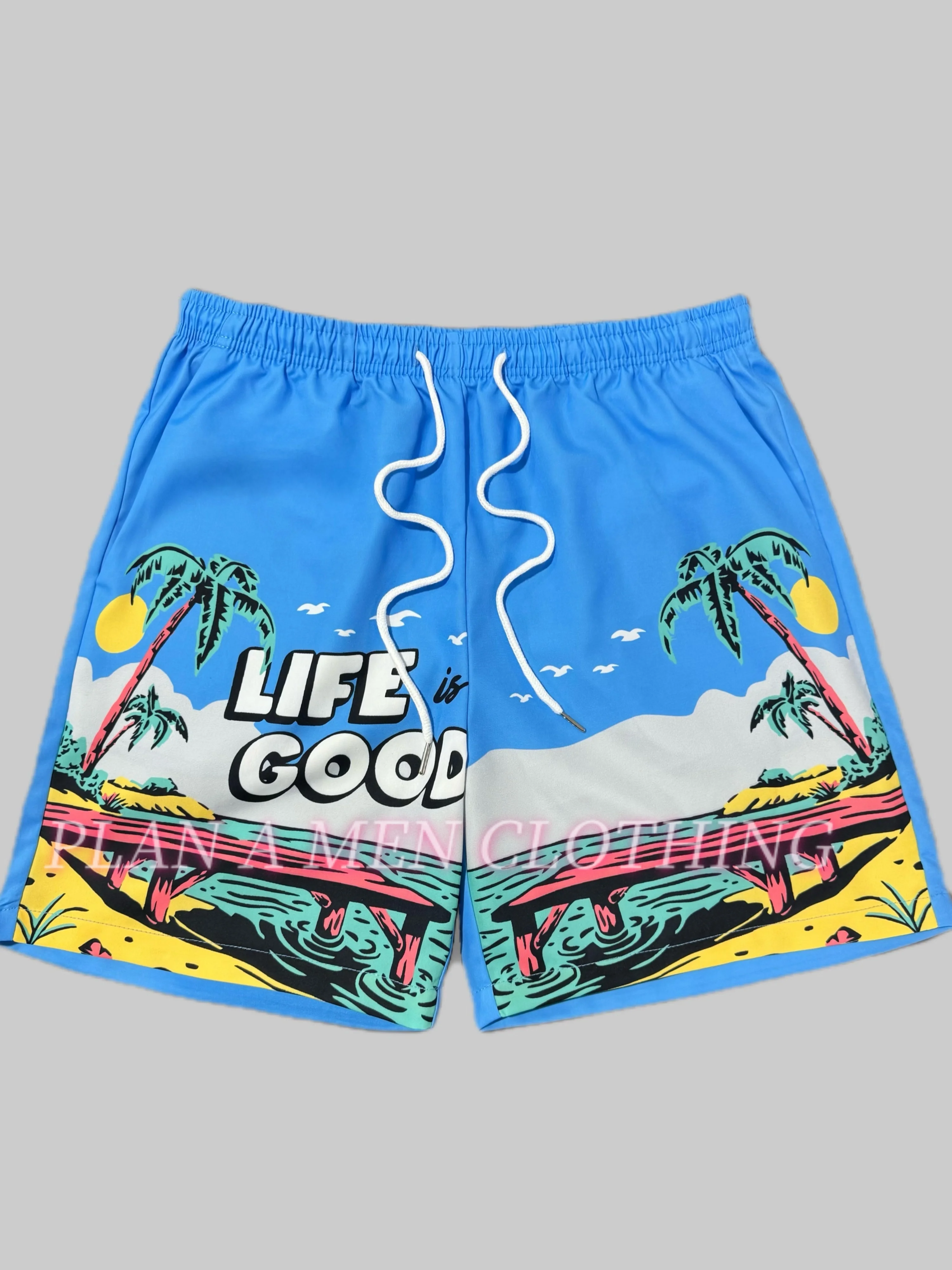 

Hawaiian Men Board Shorts 3D LIFE GOOD Printed Short Pants Coconut Tree printed Surf Swim Trunks unny Beach Shorts Men clothing