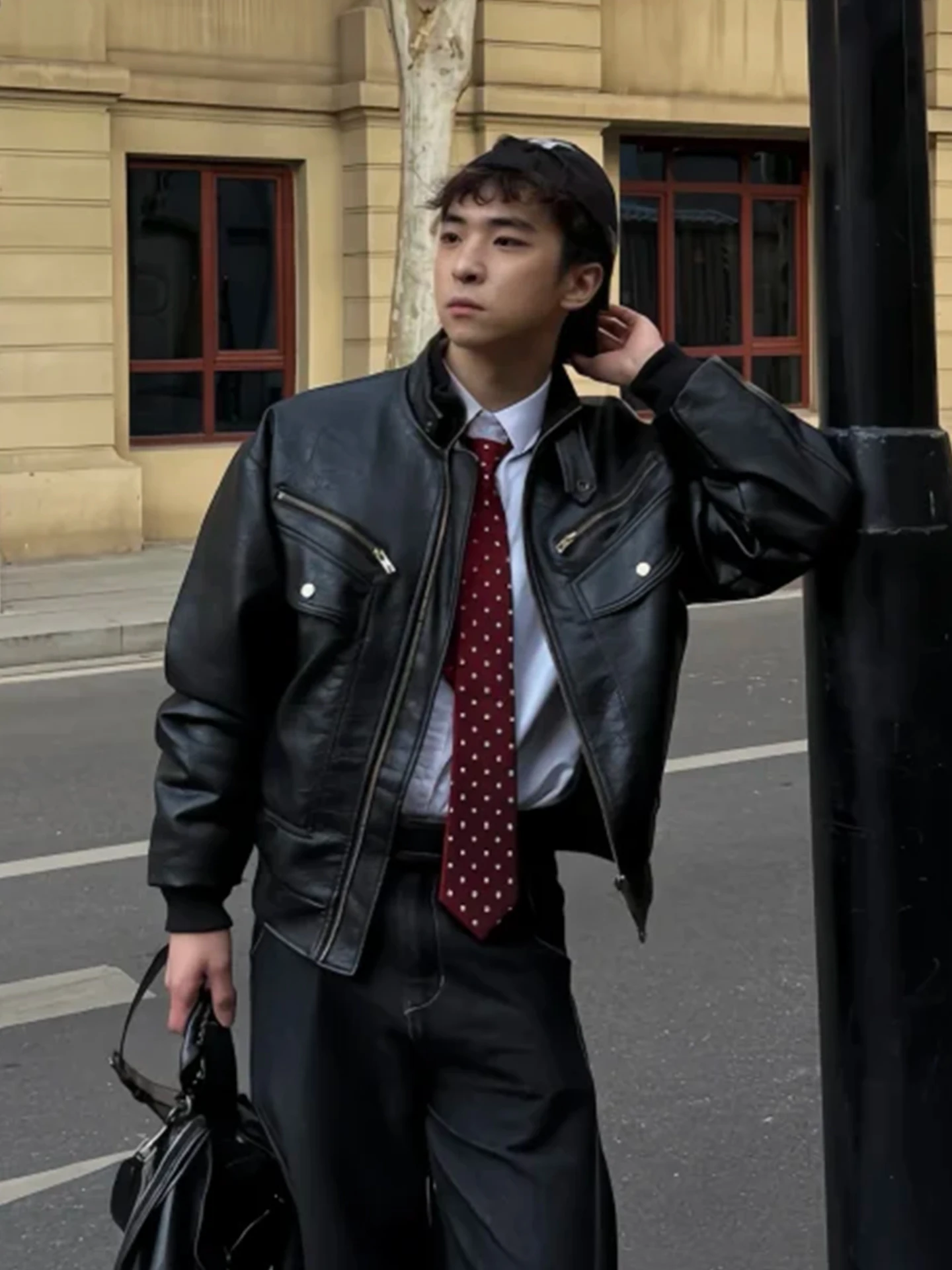 

Куртка мужская зимняя из искусственной кожи с узором «Личи», в американском ретро-стиле, для мотоциклистов, с эффектом «хай-сенсейшн», крутая уличная одежда, верхняя одежда