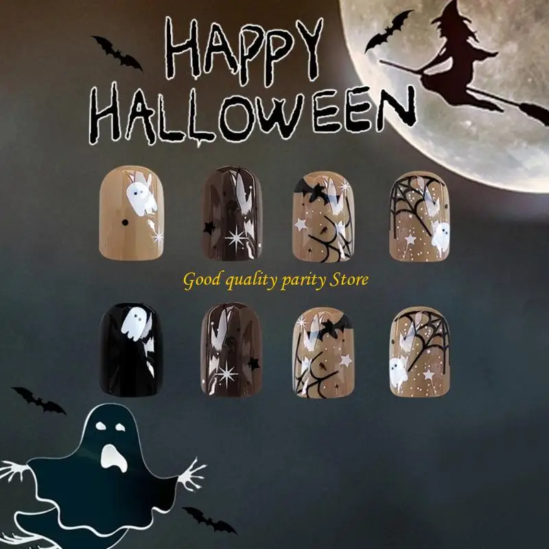 M4YA Halloween Press On Nails 24 unidades unhas falsas brilhantes teia aranha não precisa ferramentas
