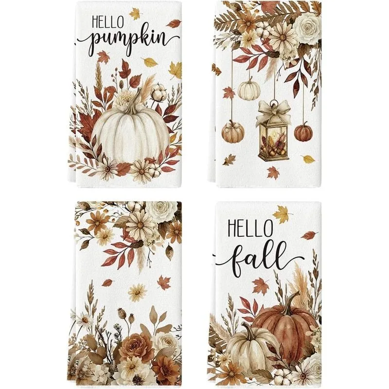 4Pcs, Retro Watercolor Pumpkin Thanksgiving Cleaning Cloths, Machine Washable and Reusable Kitchen Towels, Autumn Atmosphere Soft Decor Items, Great Thanksgiving Gifts