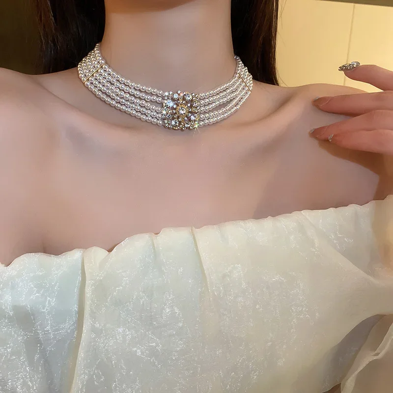 FYUAN Korean Style Multilayer Pearl Choker Necklaces for Women Crystal Zircon flowers Necklaces Weddings Bride Jewelry