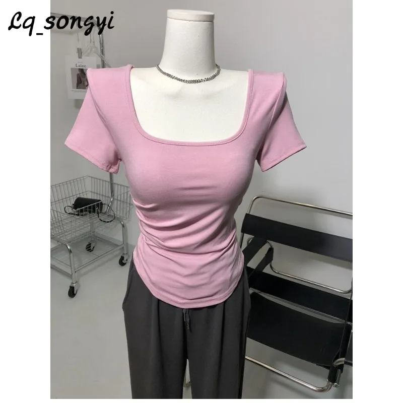 

Lq_songyi Square Neck Short Sleeve Tight T Shirts Korean Solid Irregular Top Side Folds High Strecth Summer Women Slim T-shirt