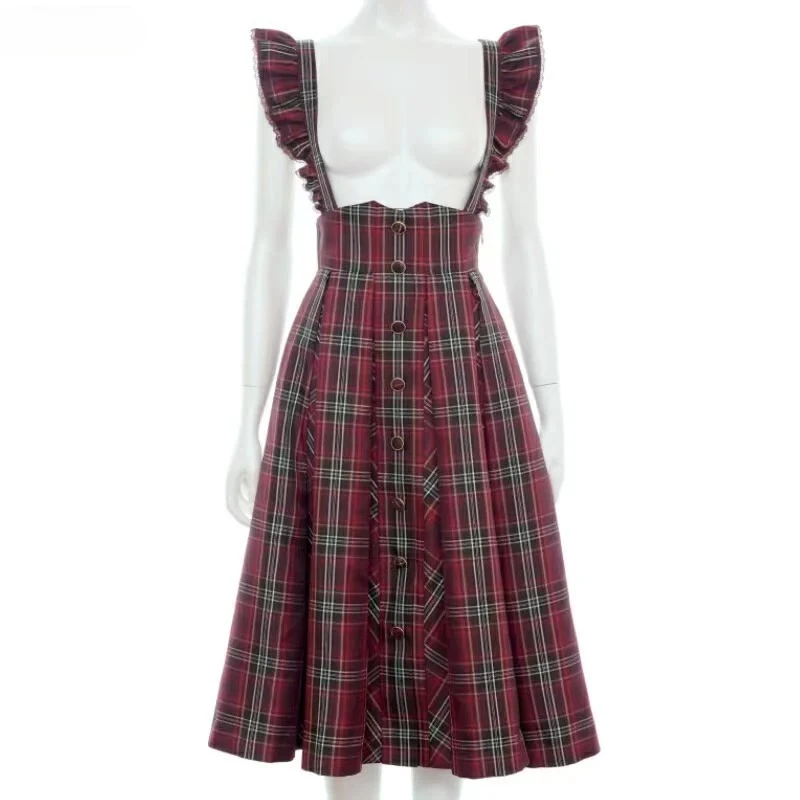 Herbst Neue Massenproduzierte College Stil Muster Flattern Ärmel Strap Midi Rock Süße Mädchen Hohe Taille Dünne Lange Hosenträger röcke