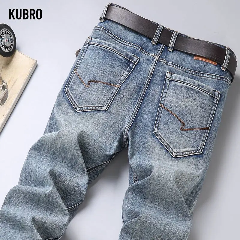 Celana Jeans Pria Vintage Straight-Leg Gaya Eropa Slim Fit Kasual Celana Denim Pria Berkualitas Tinggi Celana Denim Pria Empat Musim