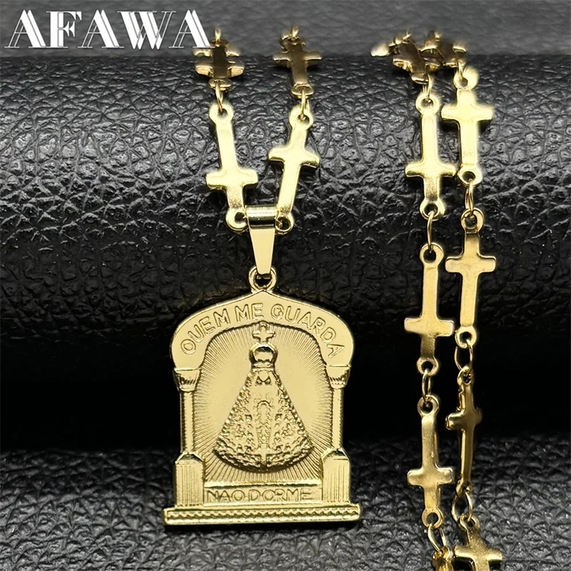 OUEM ME GUARDA Our Lady Of Aparecida Brazil Necklace for Women Men Stainless Steel Gold Color Cross Chain Jewelry collar hombre