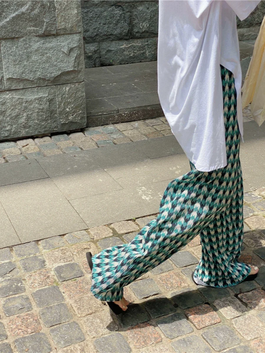 Pantalon à jambes larges en soie glacée pour femmes, Plaid fin, décontracté, en mousseline de soie, frais, climatisation, Protection solaire, pantalon plié, été
