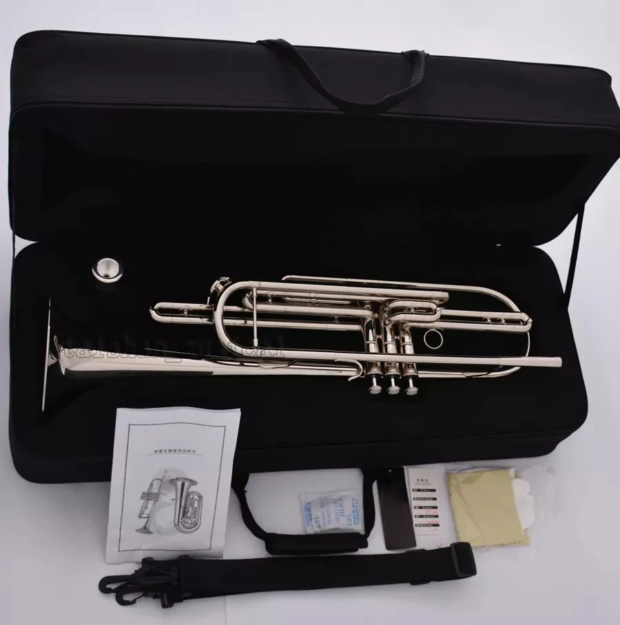 

2026 Professional Silver nickel Bb Bass Trumpet 3 Piston Vavles Horn With Case 4