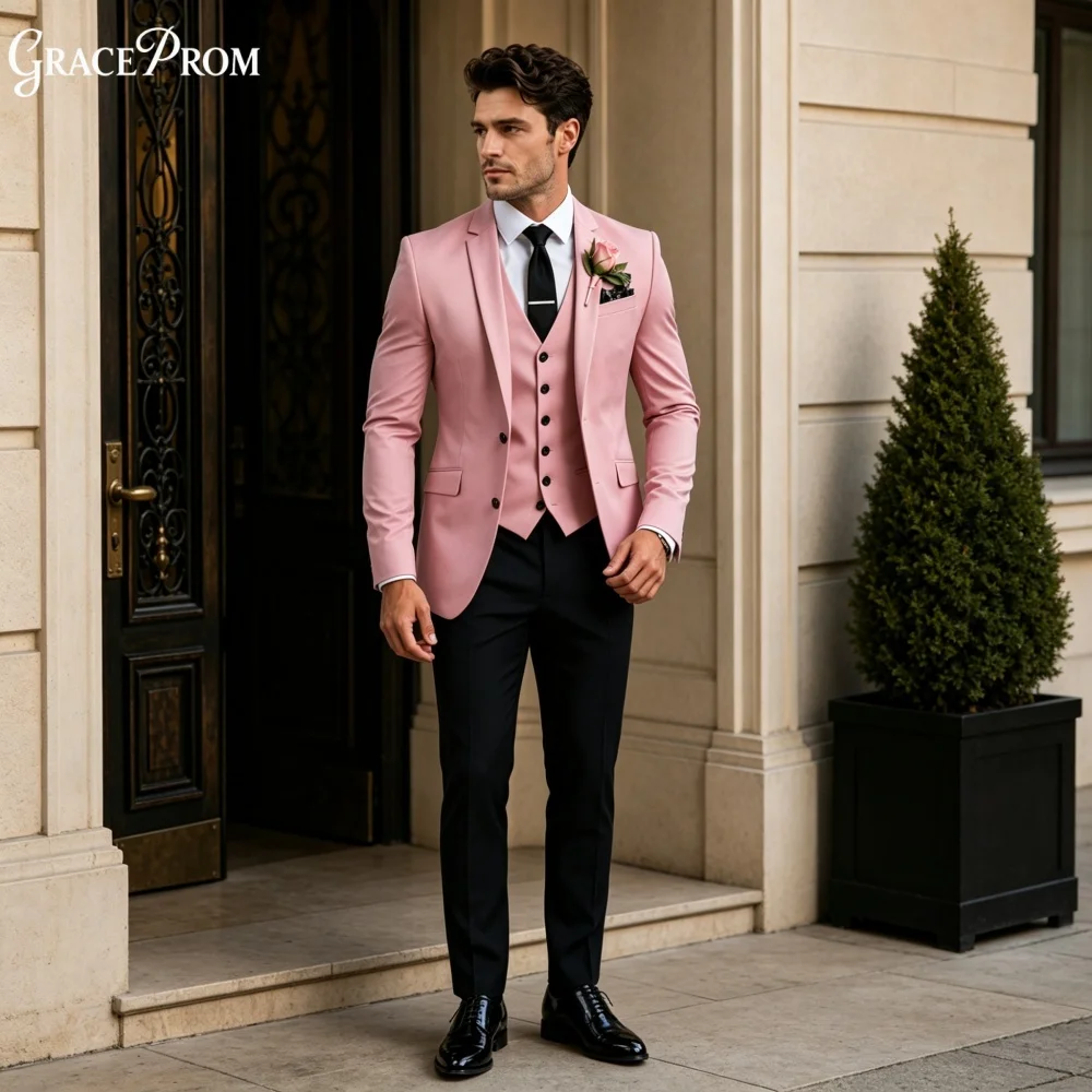 Luxury Pink Black Men Suit Set 3PCS 2027 For Wedding Formal Business Groom And Best Man Outfit Office Customized Men's Suit