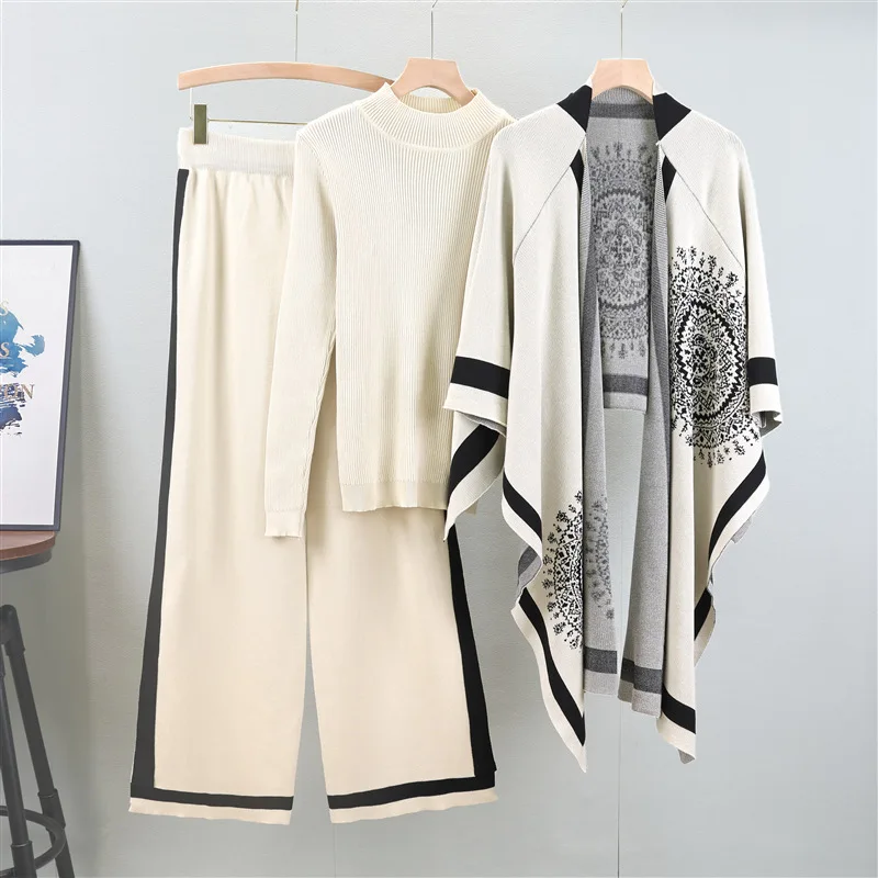 

Women Causal Knit 3 Pieces Sets Baggy Knitted O Neck Sweater Tops and Shawl High Waist Wide Leg Pants Autumn 2025 Outfits B620