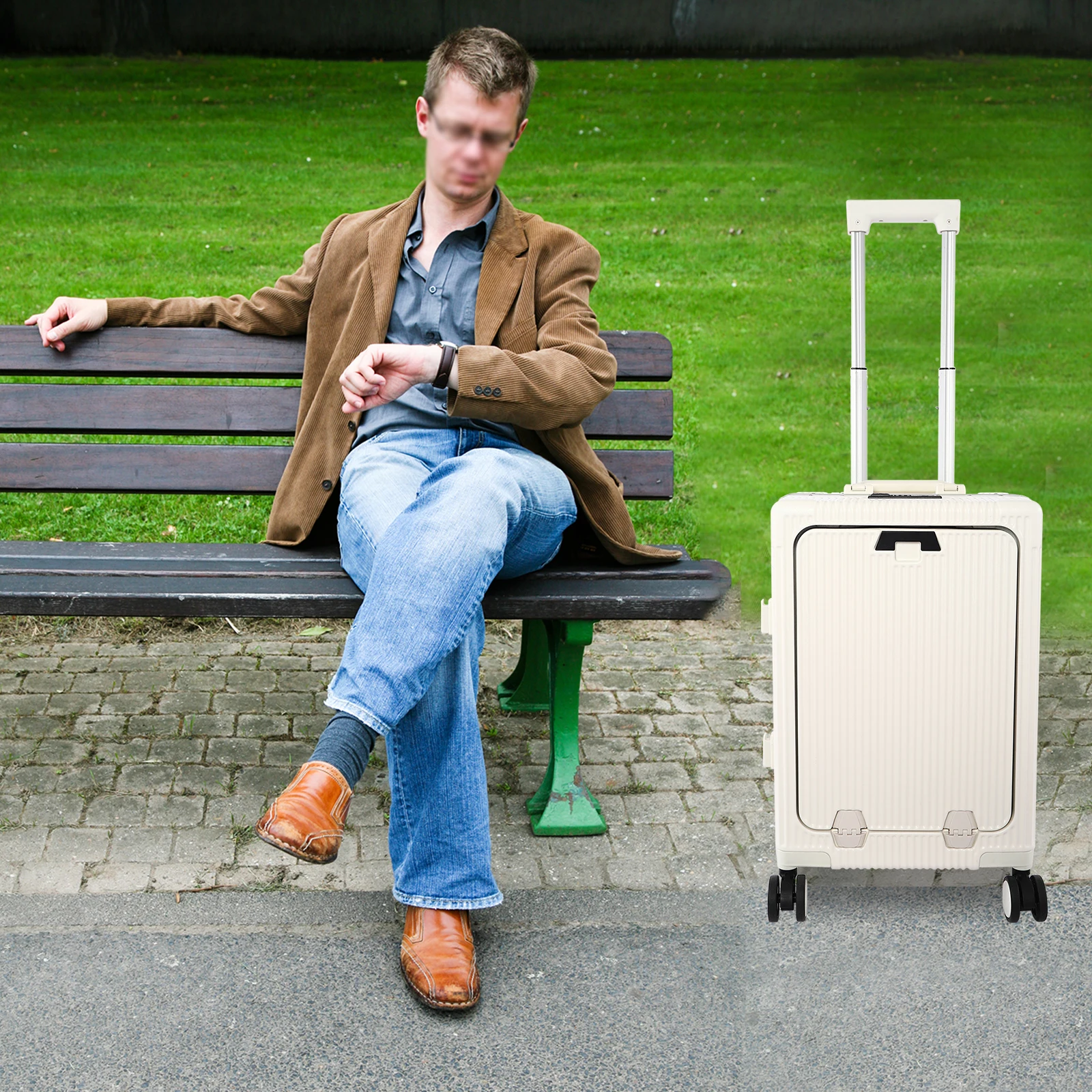 White 20" Boarding Suitcase(Convenient Design) - 45°-120° Front Compartment Opening&USB Port, Cup Holder&Hook(Free Hands)