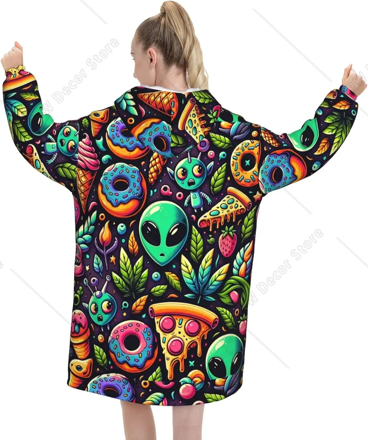 Oversized Flannel Wearable Blanket Hoodie For Adult Alien-Donut Soft Fuzzy Hooded Lounging Pullover Black
