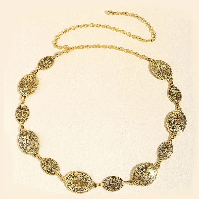 Retro-Metall-Taillenkette für Frauen, geschnitzter runder dekorativer Gürtel, modischer Taillenschmuckgürtel, Kleideraccessoires, Frauengeschenke.