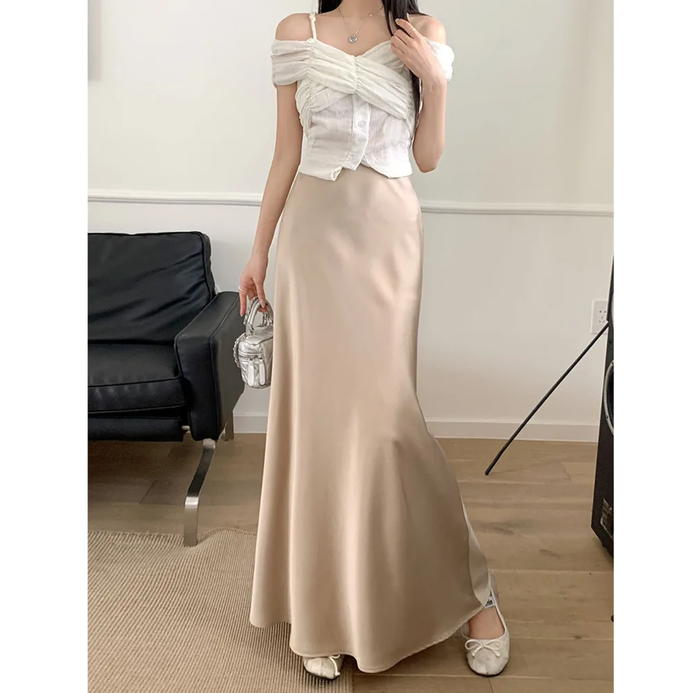 

Satin Half Ladies Mermaid Skirt Summer High-end Silk Satin Long Skirt Slim Long Skirt A-line Half Skirt - Red Uncle Same Style