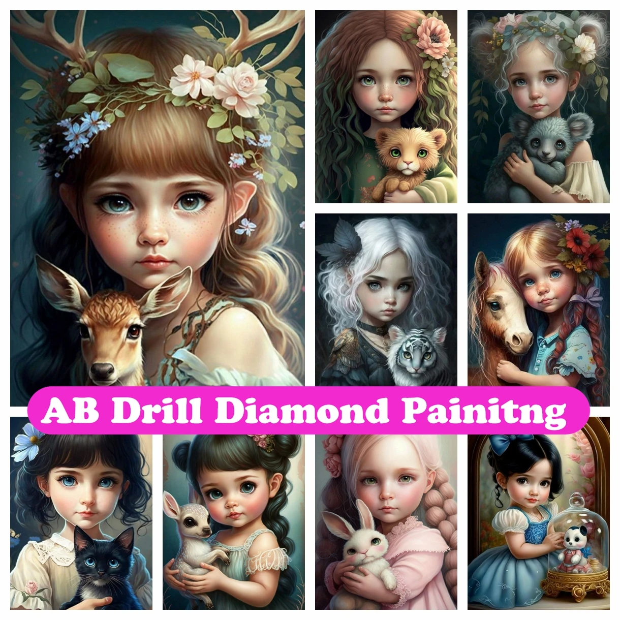 

Cute Beautiful Girl 5D DIY AB Diamond Painting Embroidery Fantasy Animal Cross Stitch Mosaic Pictures Handmade Home Decor Gift