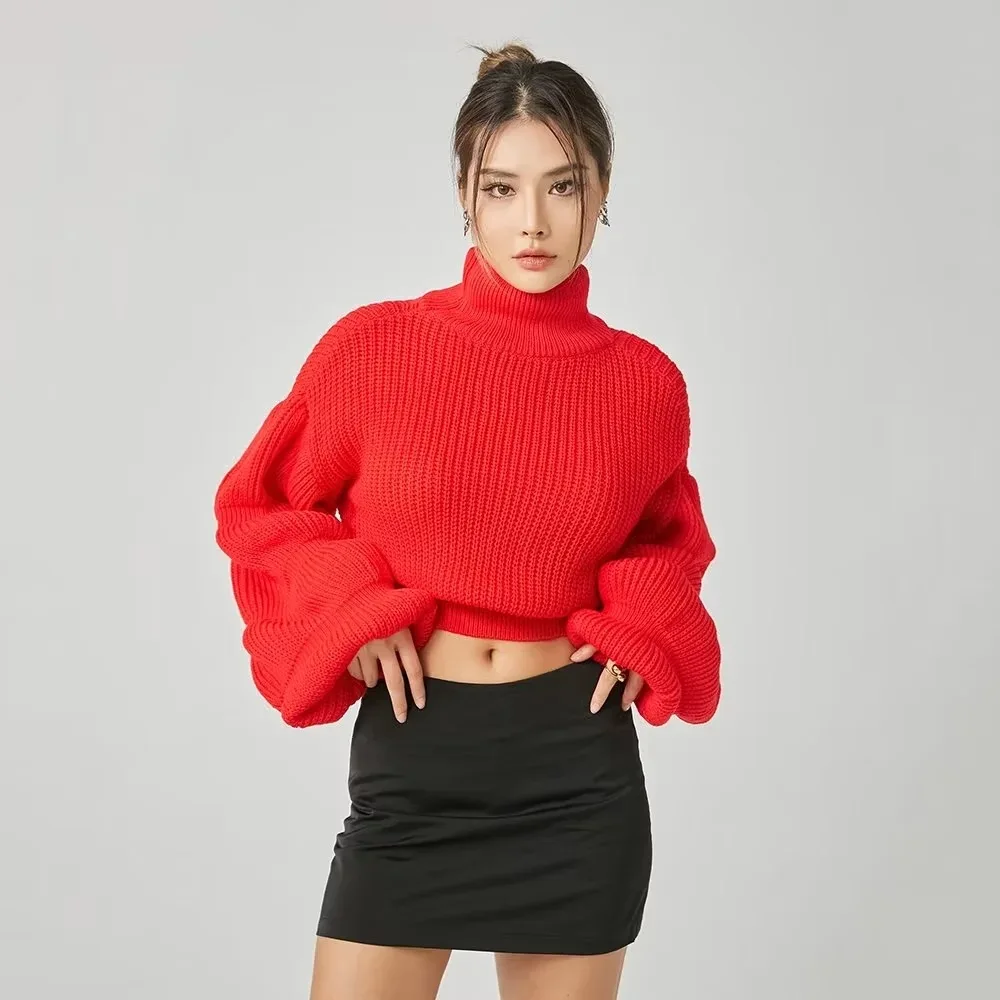 

2025 New Spicy Girl Loose Outerwear Solid Color Short Top Autumn/Winter Round Neck Bubble Sleeve Knitted Sweater for Women
