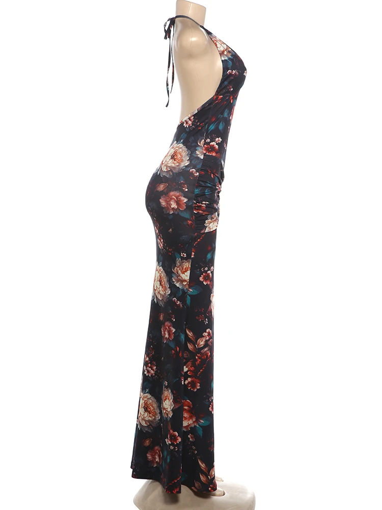 Weird Puss Sexy Rückenfreies Langes Kleid für Damen mit Blumenmuster, Schnürung, Neckholder, Tiefer Ausschnitt, Ärmellos, Mitternachts-Abendkleid, Elegantes Vestido – Detail 4