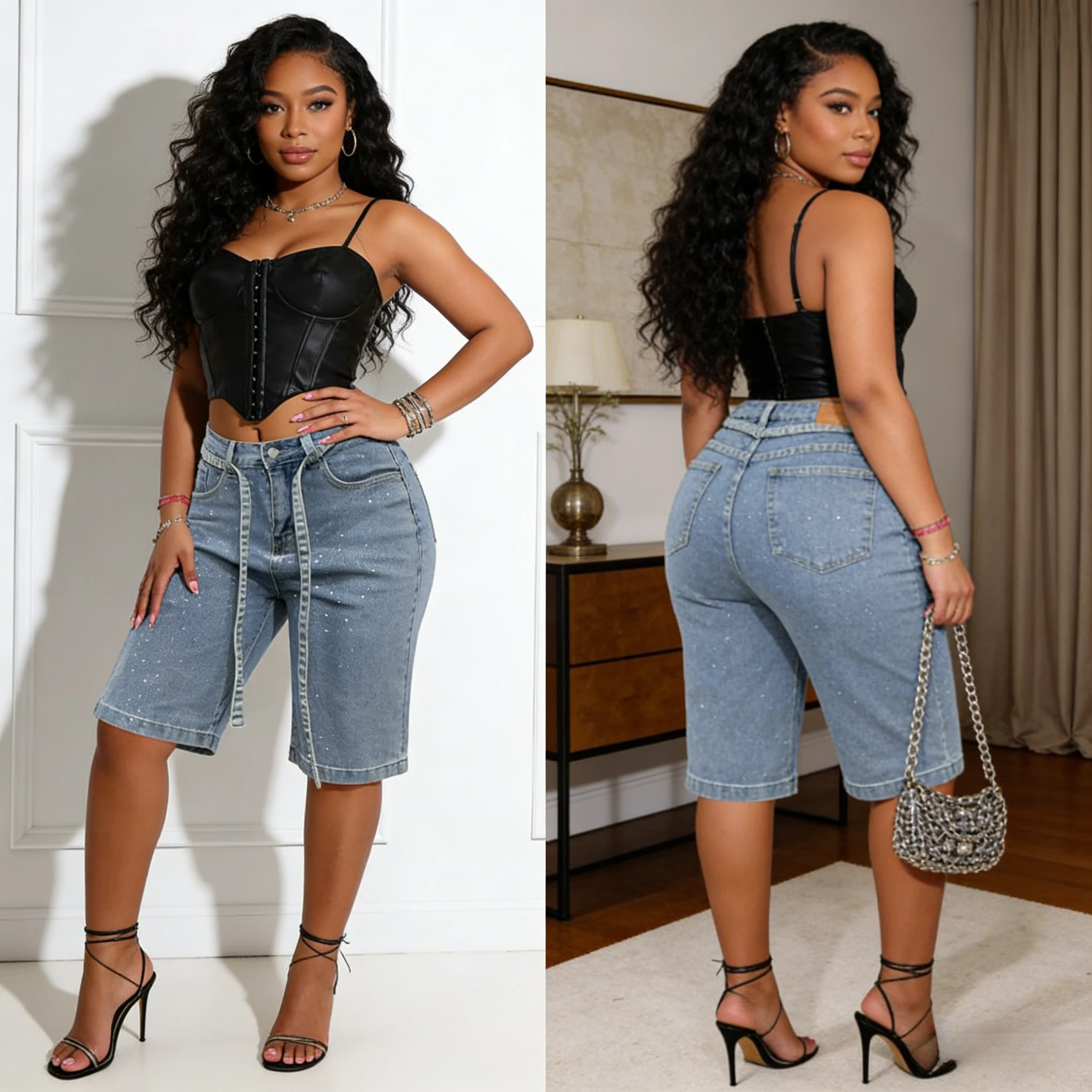 

Denim Pant Women Jeans Vintage Knee Length Pants Hot Drilling High Waist Straight Trousers Y2k Streetwear Elegant Work Belt 2026