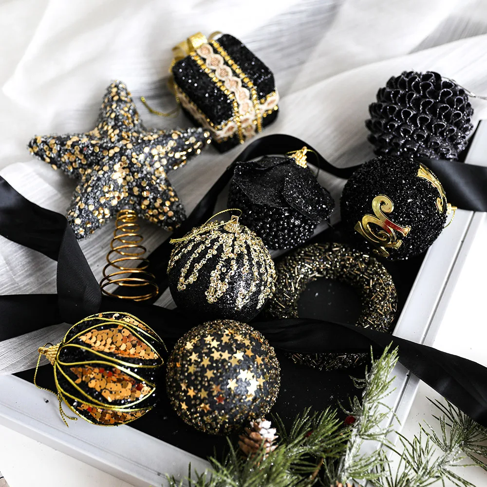 6-10cm Christmas Ball Ornaments Hangings Black Gold Foam Balls for Tree Indoor Outdoor Holiday Party Decorations