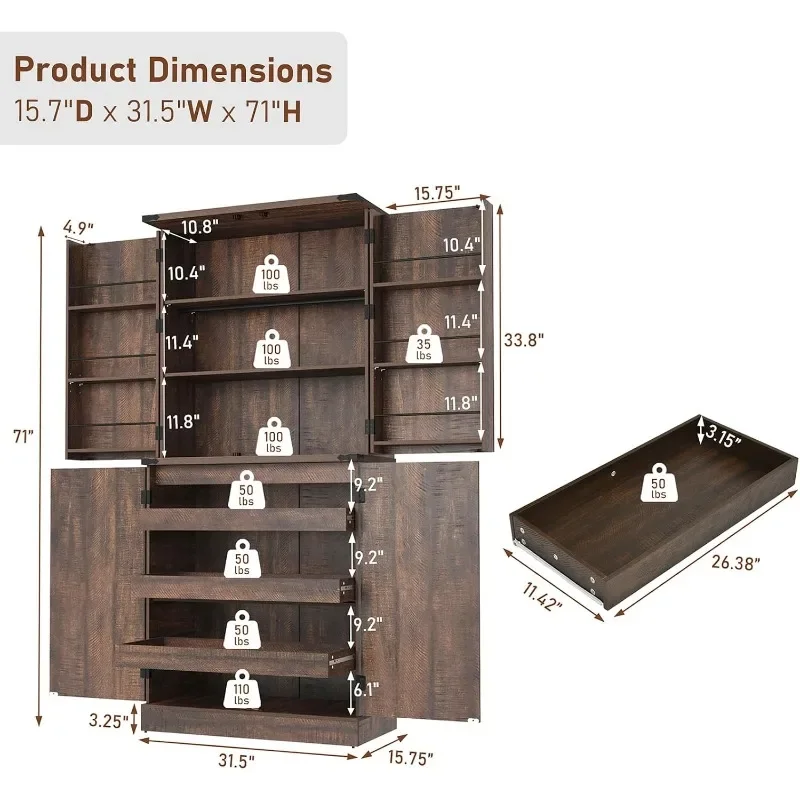Hlivelood Farmhouse Kitchen Pantry Cabinet with Drawers, Tall Rustic Wood Storage Cabinet with Door Shelves,with Load-Bearing