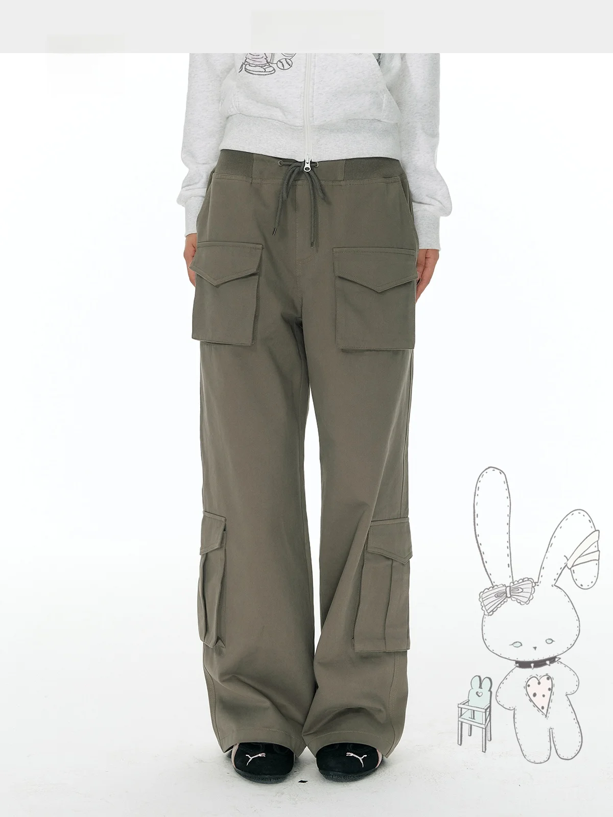 YUPH Casual Wide Leg Pants Women's Multi-Pocket Drawstring Waist Patchwork Slimming Long Trousers Workwear Style Cotton