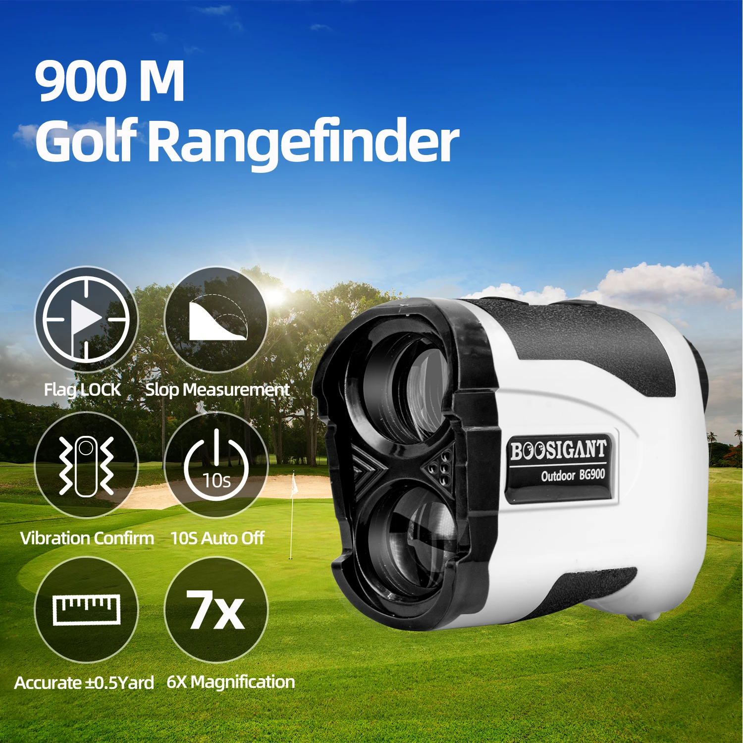 Boosigant Laser Rangefinder 900m Golf Hunting Range Finder 7X with Flag Lock Vibration Slope Compensation Distance Meter
