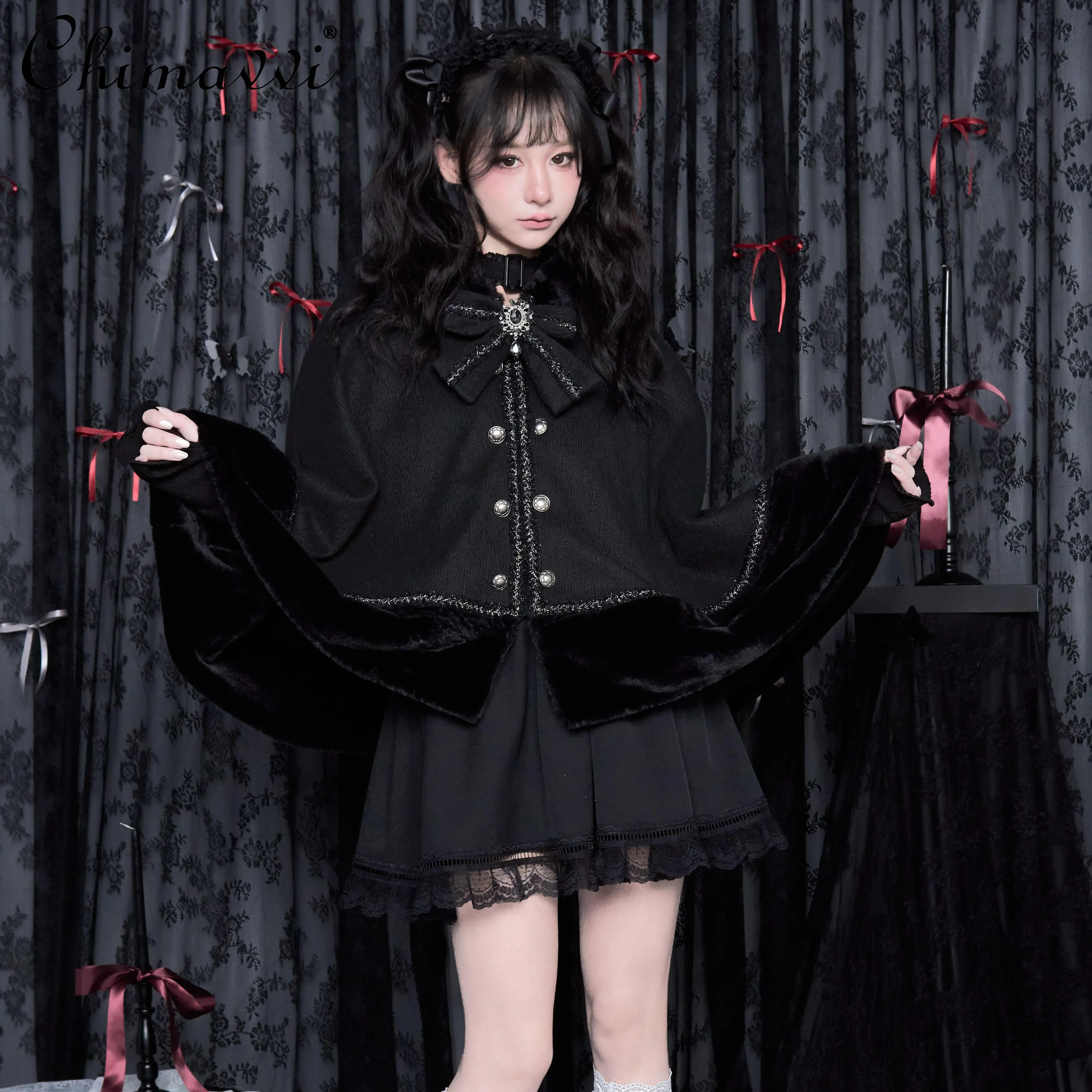 Subculture Plush Edge Japanese Cute Bow Big Cape Winter Coat Mine Series Mass Production Sweet Cool Girl Women Black Shawl Coat