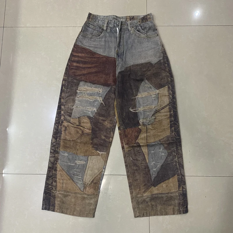 Celana Jeans Kanye West Season6 Pakaian Jalanan Amerika Eropa Celana Lurus Longgar Hip Hop Pria Wanita Celana Denim Robek Tambal Sulam Antik