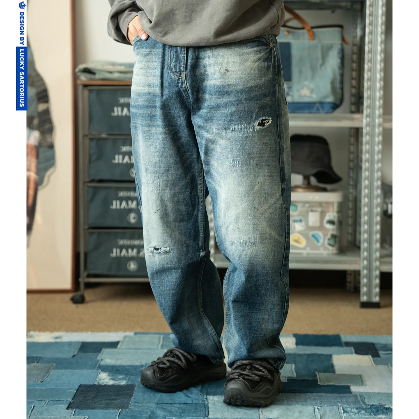 

American Retro Distressed Washed Distressed Cat Whiskers Straight Leg Jeans Men's Loose Pants Trendy Brand