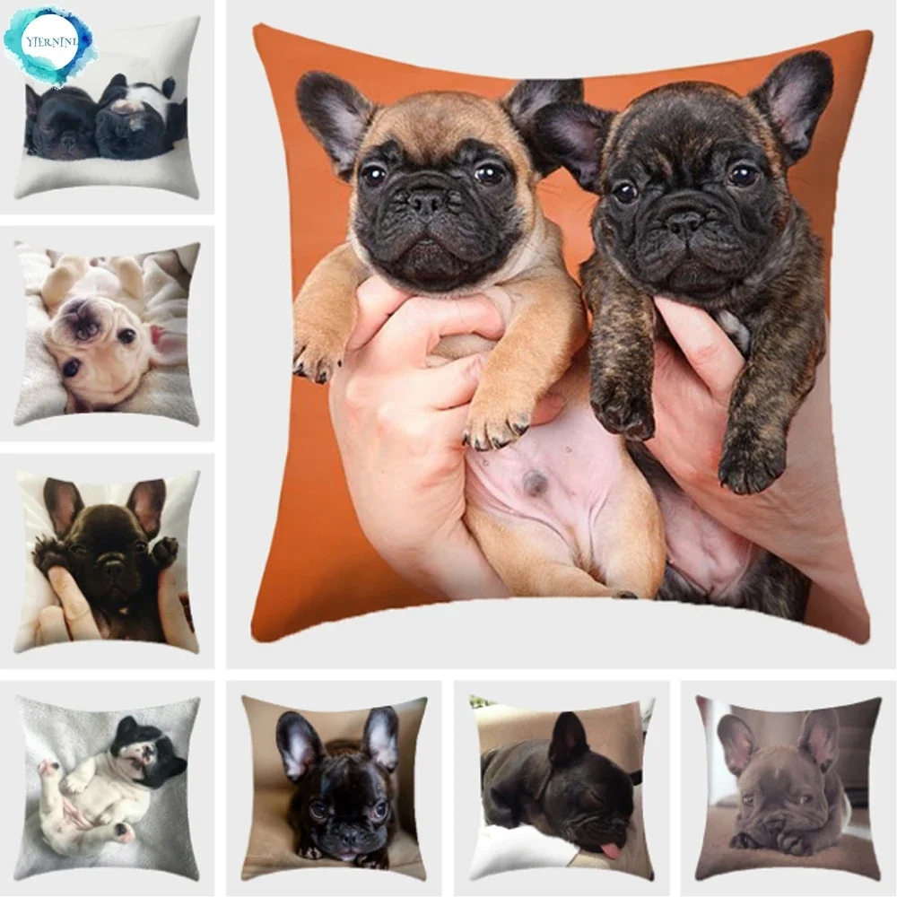Bulldog Polyester Cushion Cover Modern French Bulldog Pillowcase Sofa Throw Pillow Cover Decorative Pillowcase for Couch Bed Car