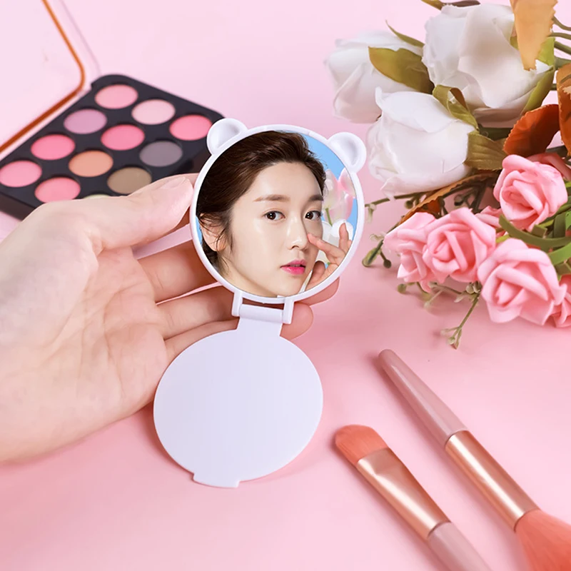 الكرتون الدببة آذان عمودي HD مرآة لوضع مساحيق التجميل المحمولة طوي عمودي ثنائي الاستخدام سطح المكتب مرآة الطلاب مقبض مرآة ماكياج #5