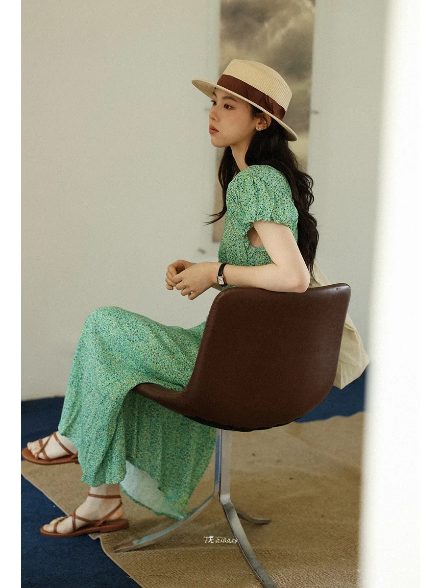 

Spring Summer New Casual Style Floral Bud Sleeve Waist in Long Dress Women's Slightly Arc Shoulder Sleeve A-Line Dress