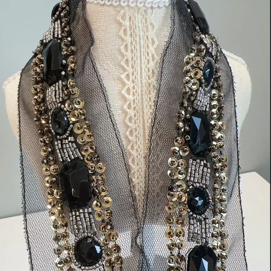 50cm Retro Brown Heavy Handmade Beads Rhinestone Lace Ribbon Tape Trim Embroidered Collar Decoration African Net Cord For Sewing