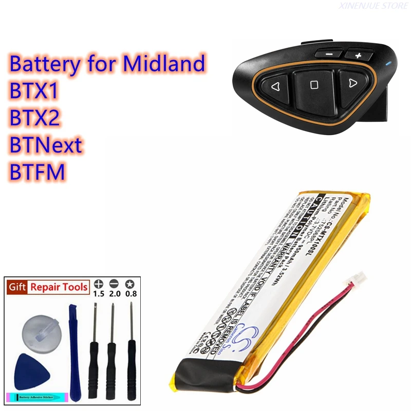 Wireless Headset Battery 3.7V/950mAh 752068PL for Midland BTX1, BTX2, BTNext, BTFM