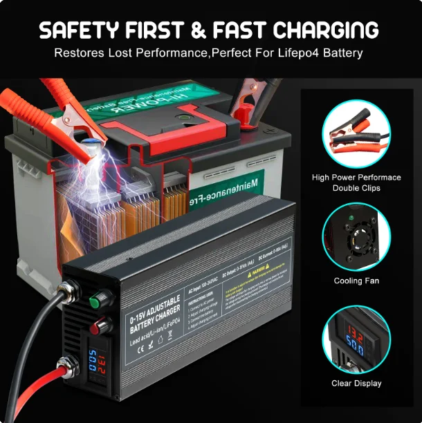 12V lithium battery smart charger 60A85a voltage adjustable 14.6V100A lithium iron phosphate battery adapter