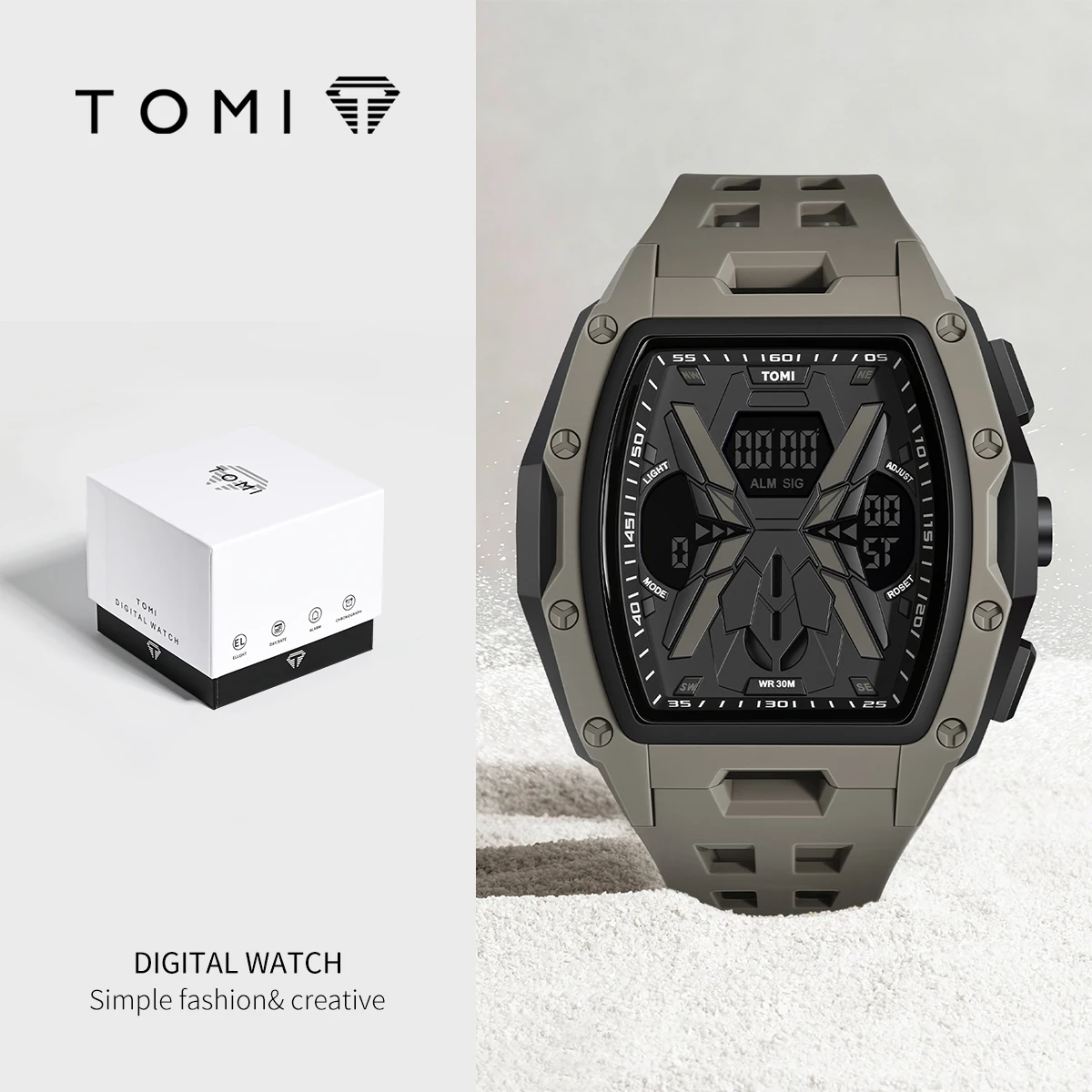Relógio Esportivo Masculino TOMI Mecha com Duplo Display, Analógico e Digital, Alarme com Luz de Fundo, Cronômetro, Pulseira de Silicone Respirável e Vazada