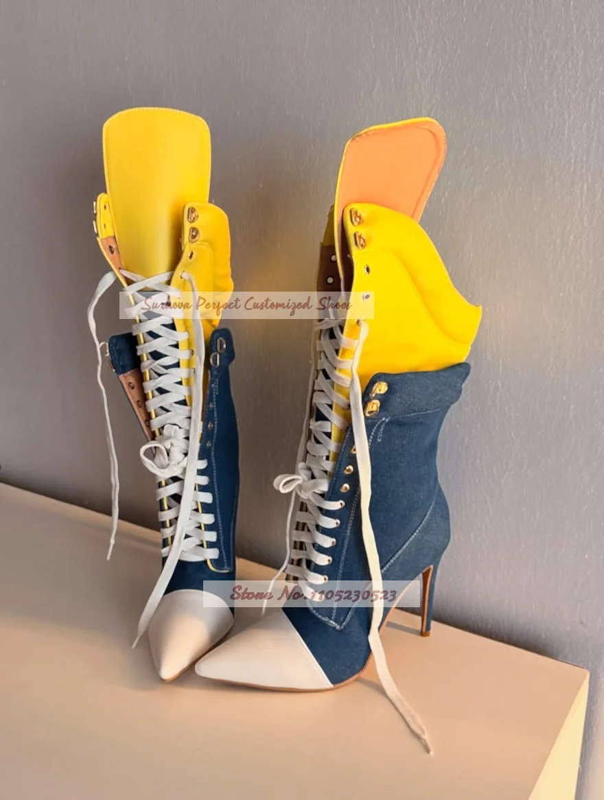 Women Denim Color Patchwork Two-Way Boots White Pointed Toe Lace-Up Knee High Boots Padded Collar Button Studded Tall Boots