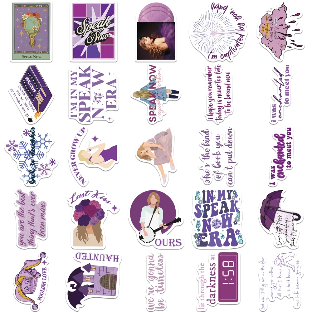 50Pcs Taylor Stickers Cool Trendy Purple Speak Now Albums Stickers Waterproof Decals for Laptops Water Bottle Guitar Suitcase