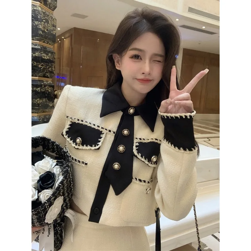 Insozkdg Spring Autumn Korean Fashion Elegant Two Piece Set Women French Vintage Mini Skirt Suit Female Office Lady Casual Sets