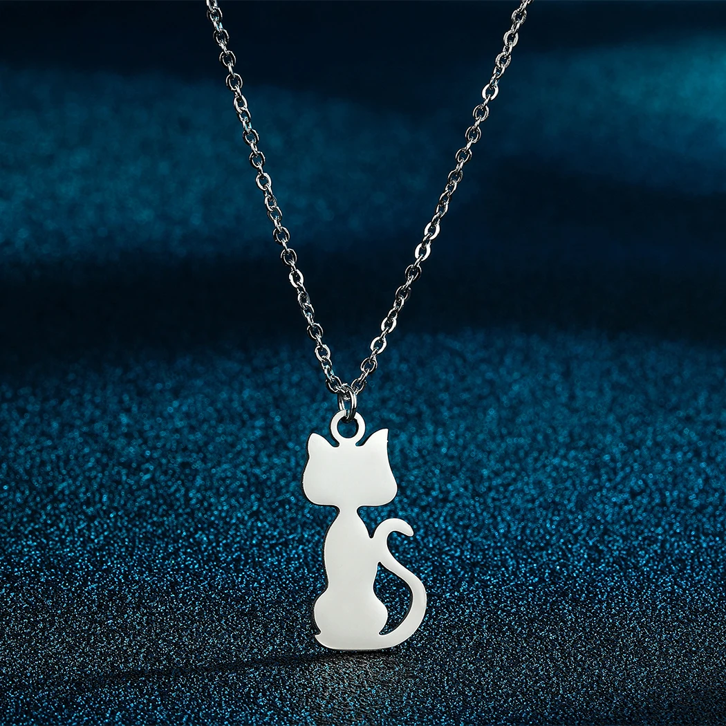 Kinitial Stainless Steel Simple Dainty Animal Cat Pendant Necklace For Women Girl Charm Choker Minimalist Pet Jewelry Gifts