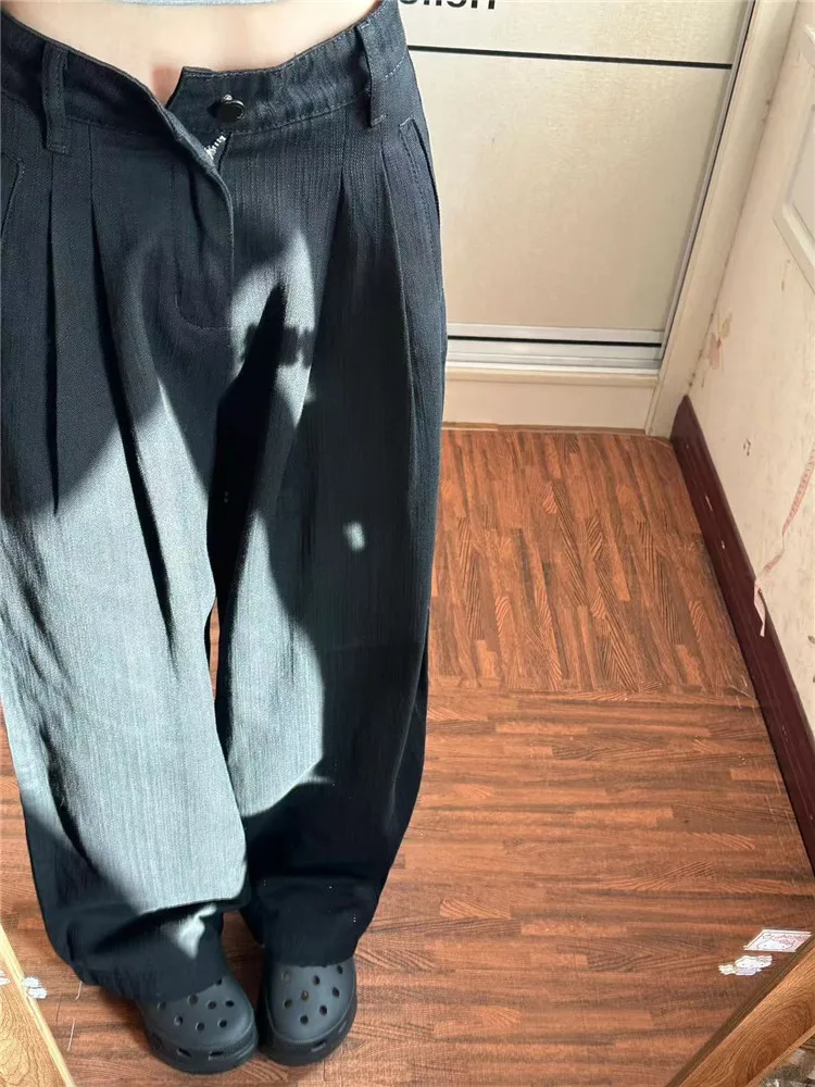 

Женские черные джинсы с высокой талией и широкими штанинами, весенне-осенние, длинные, свободные, струящиеся, с отворотами, в пол, повседневные, свободного кроя