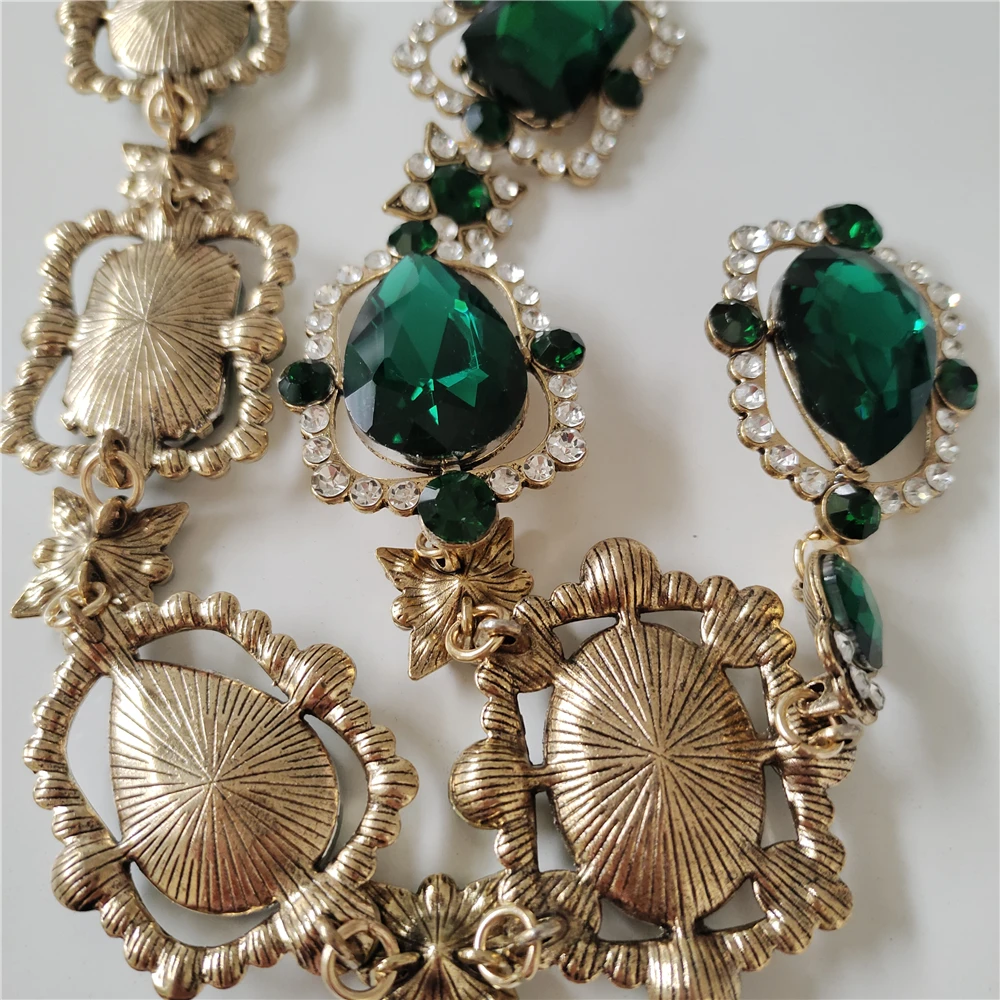 2024 New ZA Trend Green Crystal Rhinestones Necklace Earrings Women Jewelry Sets Indian Statement Large Collar Choker Necklace