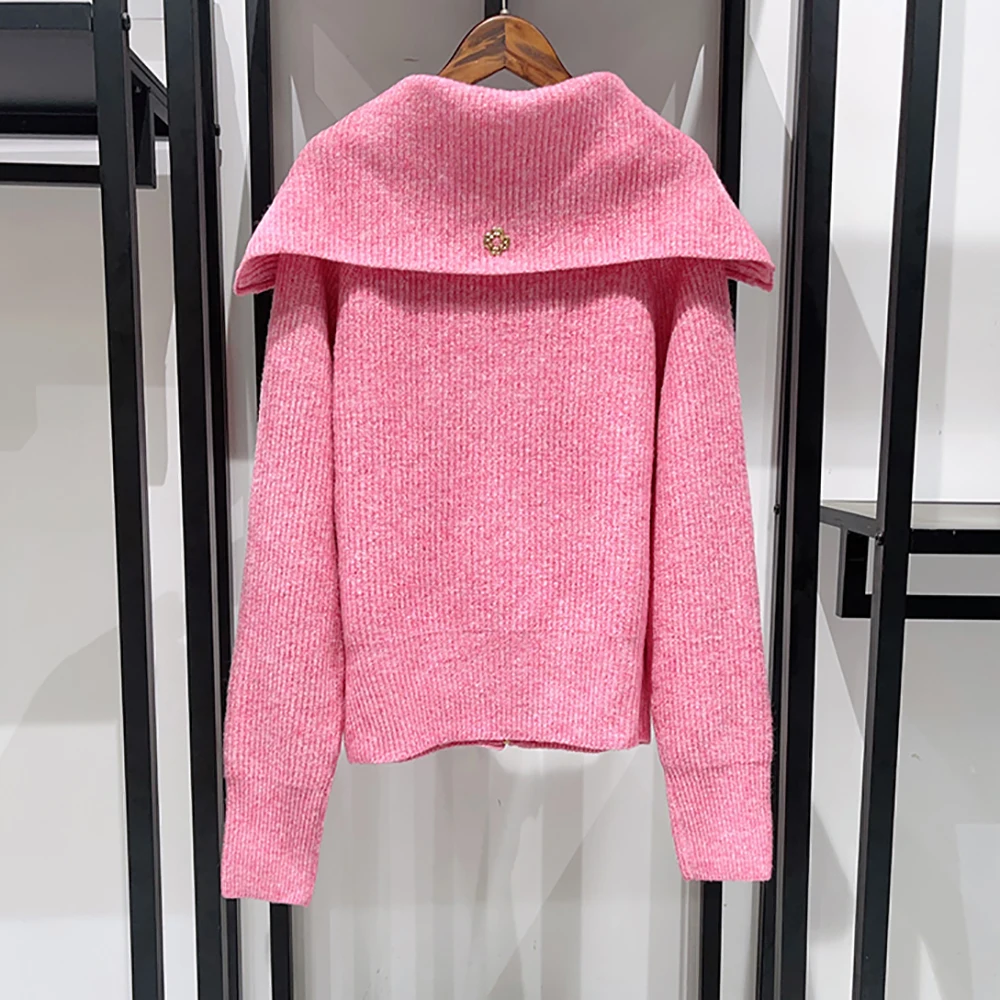 Cotton Women\'s Sweater Y2k Large Lapel Blend Shoulder Sleeve Elegant Commuter Zipper Pullover Jacket Tops 2024 Autumn New